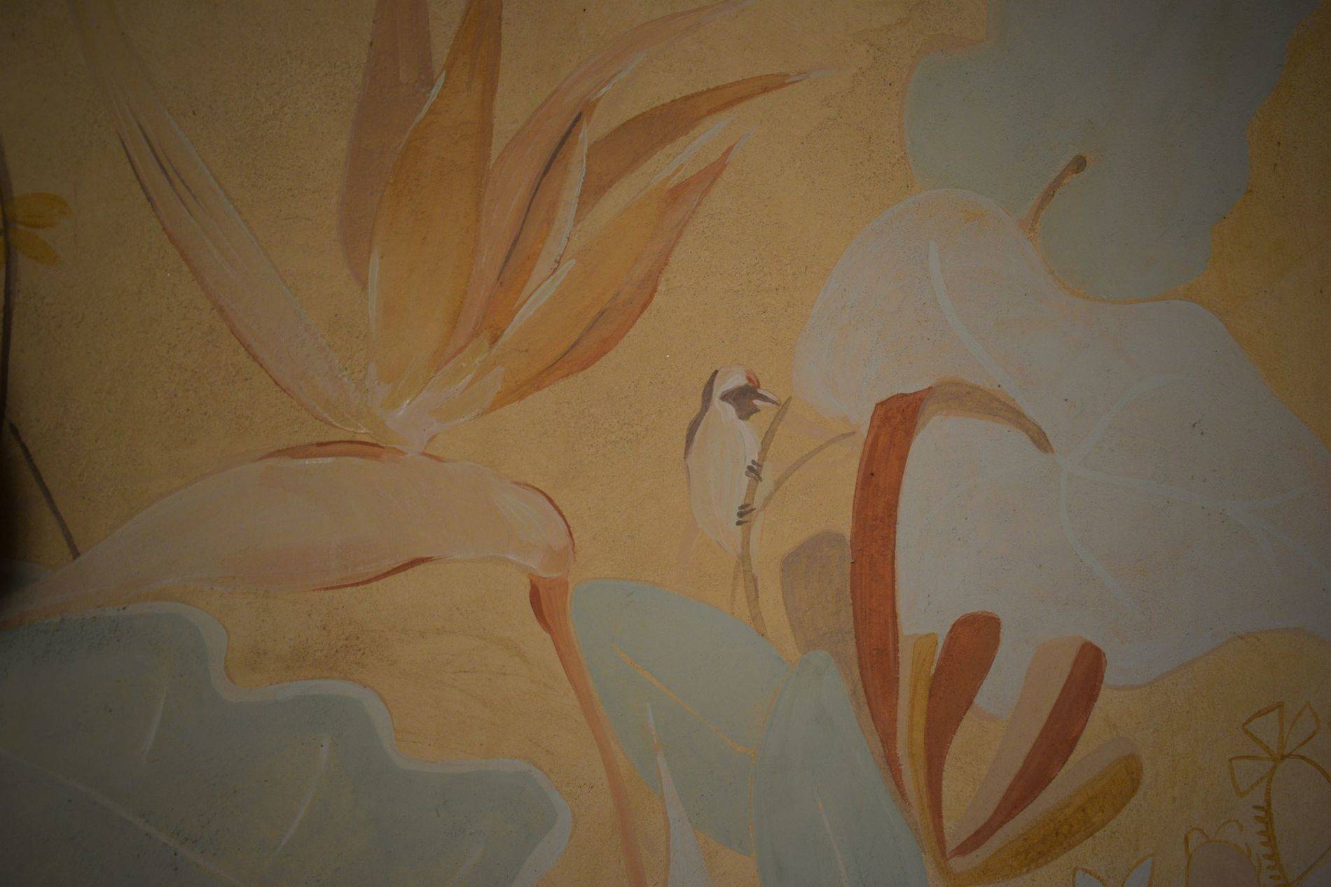 Archidixie - oiseau peint et feuillages fresque murale 